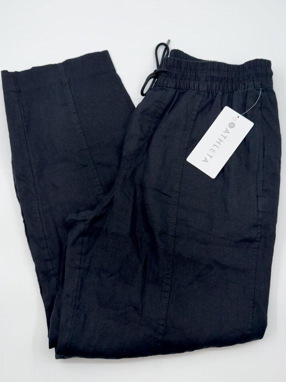 NWT Athleta Retreat 100% Linen Pant M Black Wide Leg High Rise Pull On Pockets